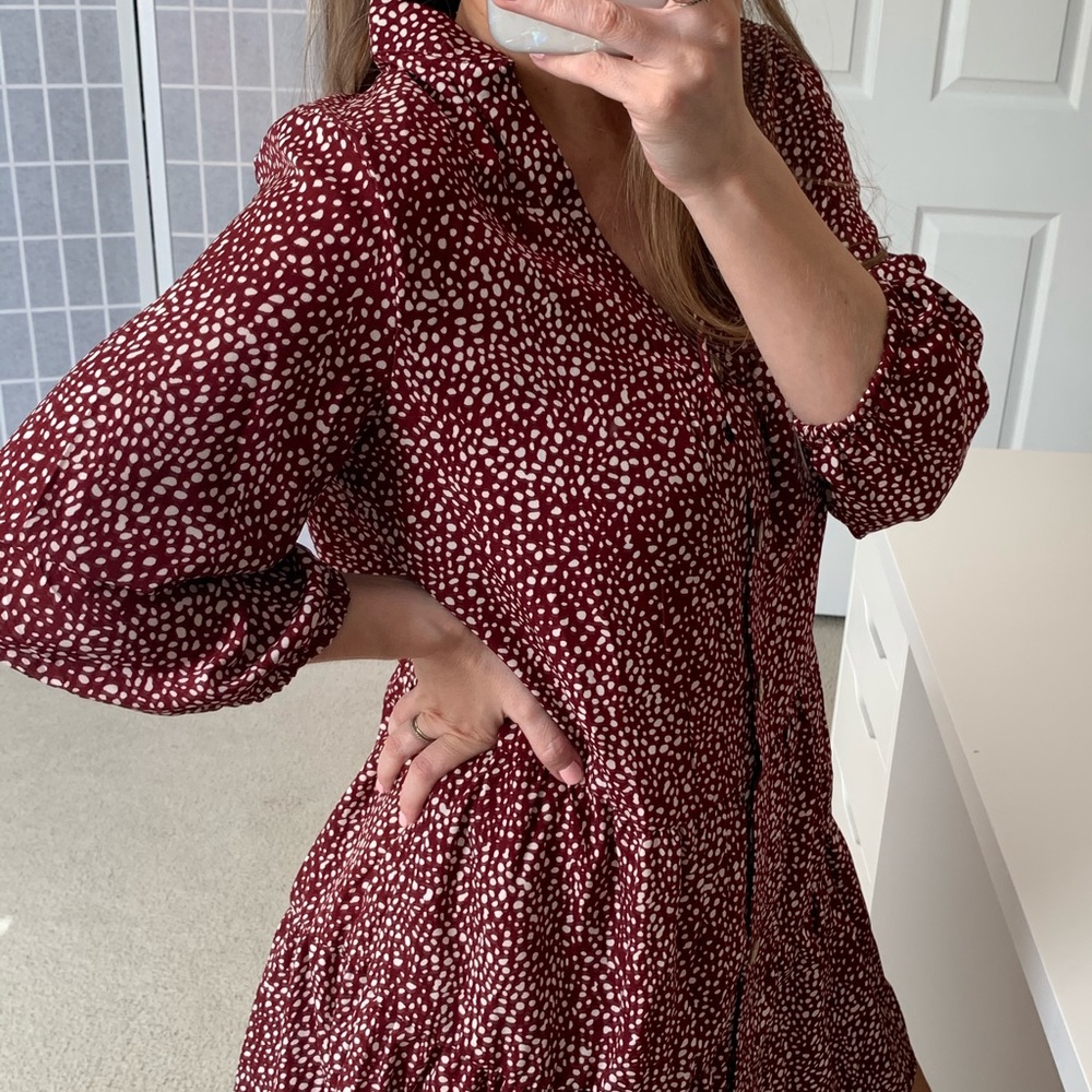 Red Confetti Print Button Down Shift Dress - Picture 10 of 11